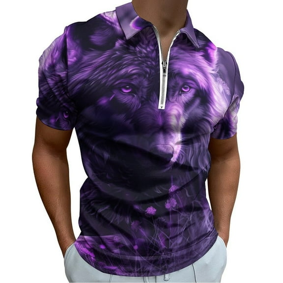 Purple Wolf Men Zipper T-shirt Summer Casual Short Sleeve T-shirt Top
