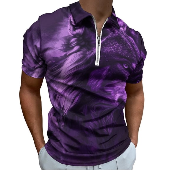 Purple Wolf Men Zipper T-shirt Summer Casual Short Sleeve T-shirt Top