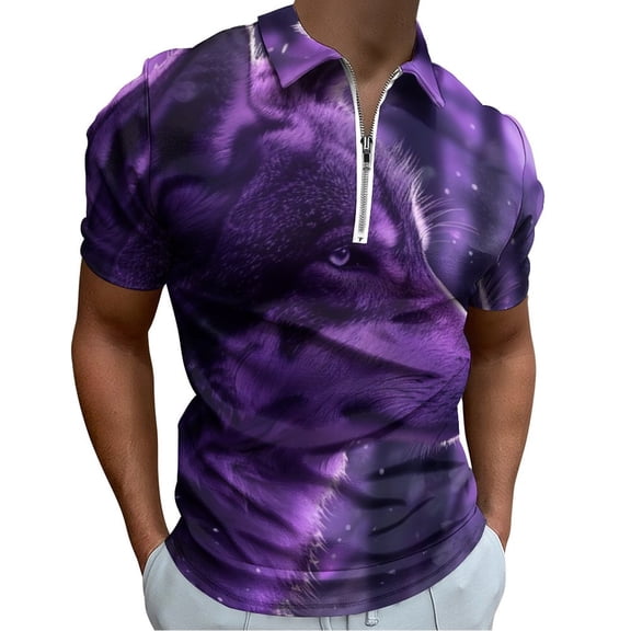 Purple Wolf Men Zipper T-shirt Summer Casual Short Sleeve T-shirt Top