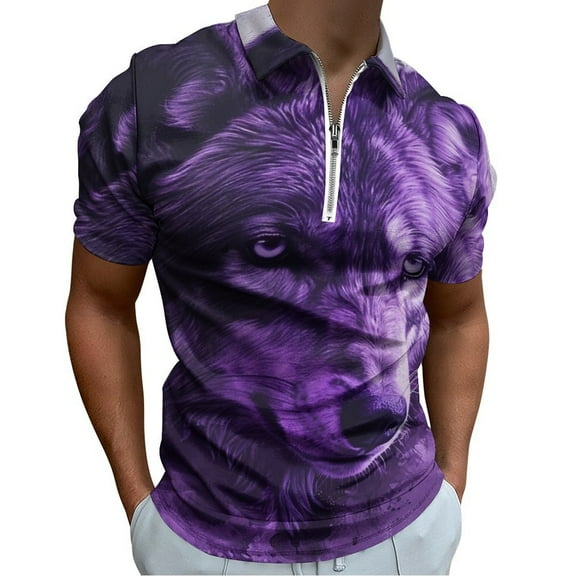 Purple Wolf Men Zipper T-shirt Summer Casual Short Sleeve T-shirt Top