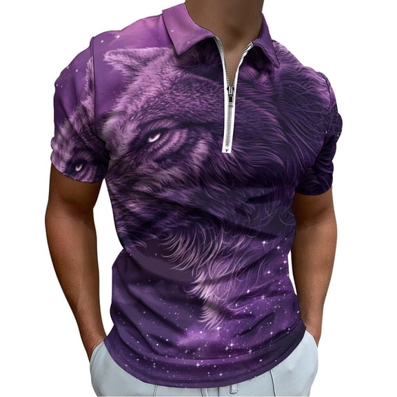 Purple Wolf Men Zipper T-shirt Summer Casual Short Sleeve T-shirt Top