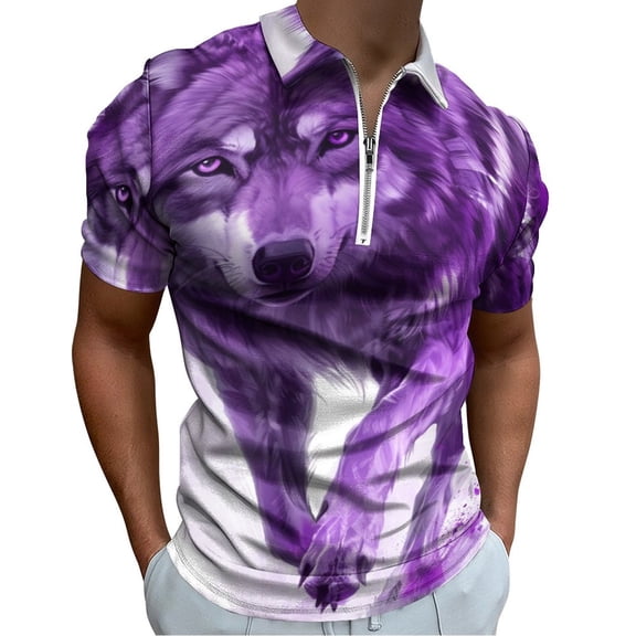 Purple Wolf Men Zipper T-shirt Summer Casual Short Sleeve T-shirt Top