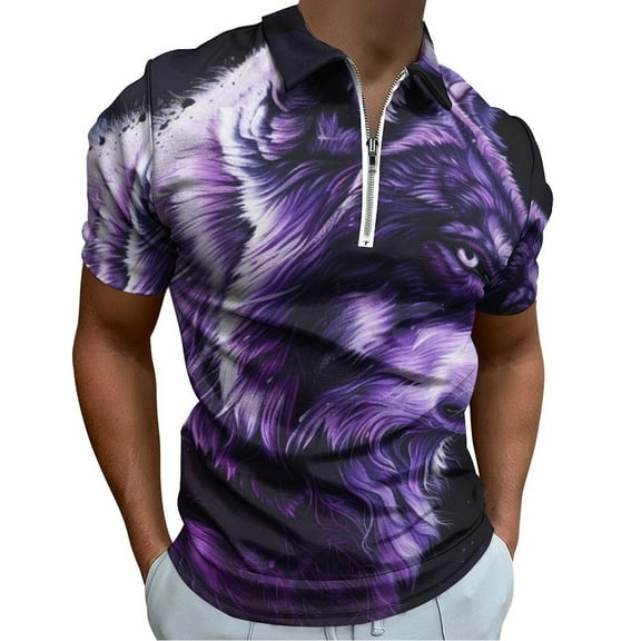Purple Wolf Men Zipper T-shirt Summer Casual Short Sleeve T-shirt Top