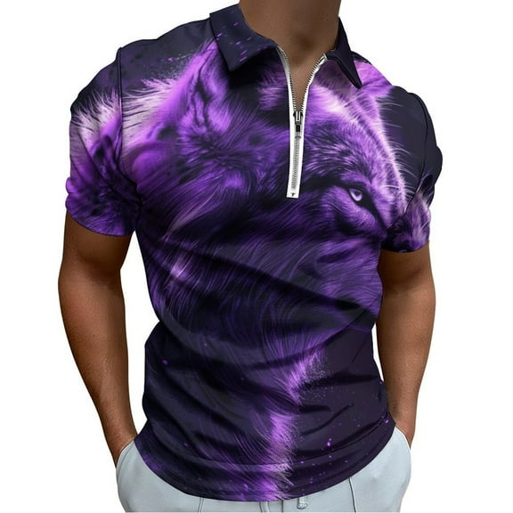 Purple Wolf Men Zipper T-shirt Summer Casual Short Sleeve T-shirt Top