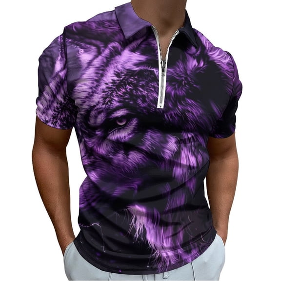 Purple Wolf Men Zipper T-shirt Summer Casual Short Sleeve T-shirt Top