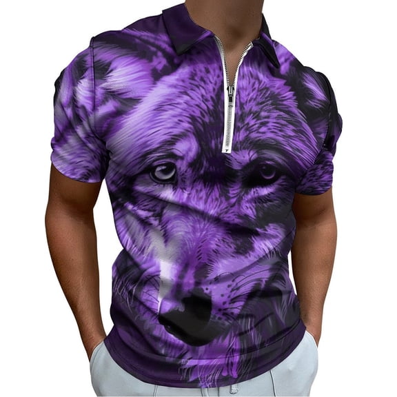 Purple Wolf Men Zipper T-shirt Summer Casual Short Sleeve T-shirt Top
