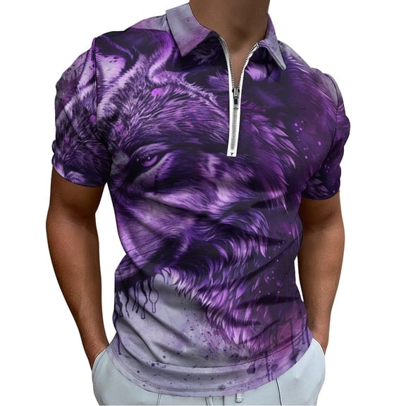 Purple Wolf Men Zipper T-shirt Summer Casual Short Sleeve T-shirt Top