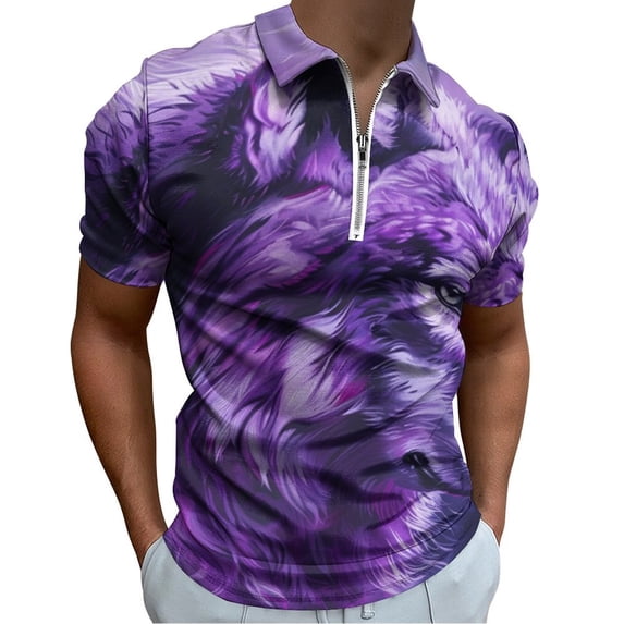 Purple Wolf Men Zipper T-shirt Summer Casual Short Sleeve T-shirt Top