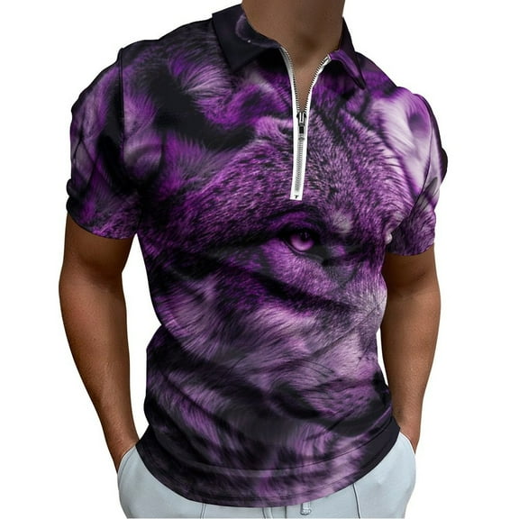 Purple Wolf Men Zipper T-shirt Summer Casual Short Sleeve T-shirt Top