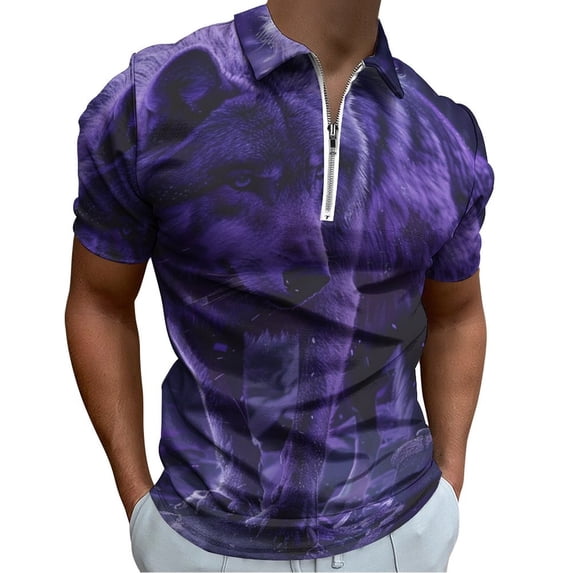 Purple Wolf Men Zipper T-shirt Summer Casual Short Sleeve T-shirt Top