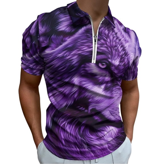 Purple Wolf Men Zipper T-shirt Summer Casual Short Sleeve T-shirt Top