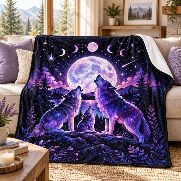 Purple Wolf Moon Blanket, Howling Wolf Pack Flannel Throw with Moon Phases, Stars, Mountain Lake and Forest Artwork for Sofa, Bed and Reading Nook, 30 x 40 in