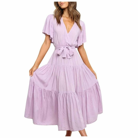 Purple Women Casual Bell Sleeve Dresses for Teen Girls V Neck Lace Maxi Long Flare Bell Bottom Tie Knot Bandage Basic Bootcut Leg Summer Fall Dresses 2025 Clothes L