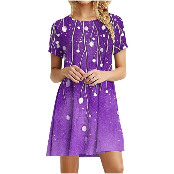 Purple Women Floral Print Loose Fit Crew Neck Spandex Dresses for Women Short Sleeve Midi Knee Length Brunch Fall Summer 2025 Clothing L