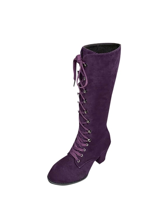 Purple Women High Heel Mid Calf Boots Strappy Design Thick Heel Fall Winter Trendy Boots Comfortable Chic Footwear