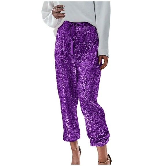 Purple Women Loose Fit Trousers Pants for Women Casual Sequin Sparkly High Waisted Dance Cosplay Flare Bell Bottom Summer Fall Trousers Pants 2025 L