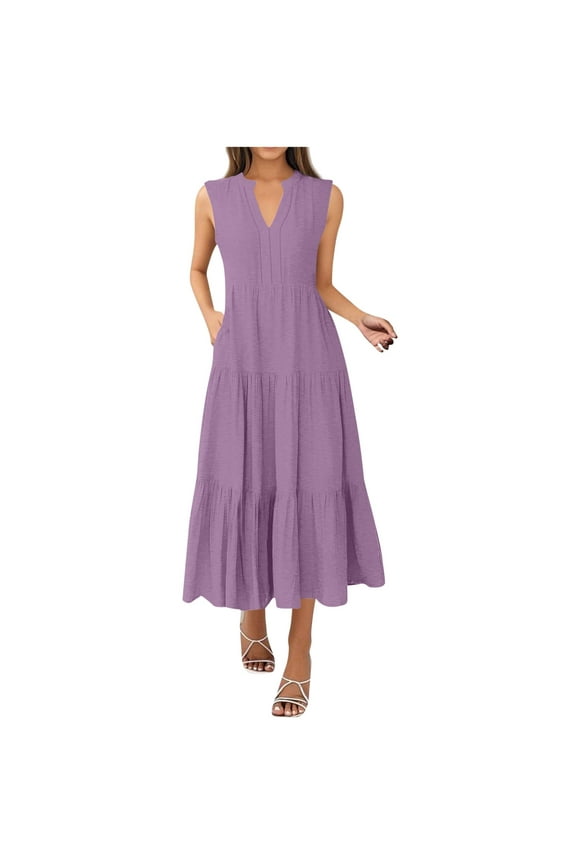 Purple Women Lounge Sleeveless Dress for Women Vneck Spandex Midi Knee High Long Ruched Cami Tank Basic Summer Fall Dress 2025 Clothing Country Concert S