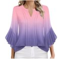 thumbnail image 1 of Purple Women Pleated Tops Gradient Loose Fit Blouses for Women Ruffle 3/4 Length Bell Sleeve Vneck Spandex Lounge Fall Summer Shirt 2025 Clothing Trendy XL, 1 of 5