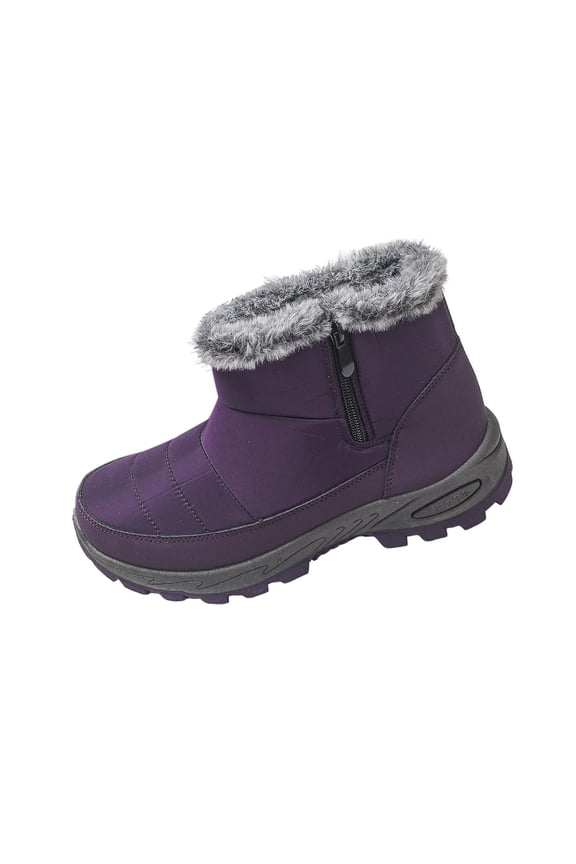 Purple Women'S Flat Platform Ankle Boots With Side Zipper Round Toe Plush Fleece Lining Warm Winter Casual Shoes Comfortable For All-Day Wear