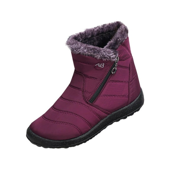 Purple Women'S Flat Sole Ankle Boots With Side Zipper Round Toe Plush Lining Warm Winter Casual Shoes Comfortable For All-Day Use