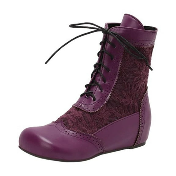 Purple Women'S Round Toe Flat Boots With Lace-Up Style For Winter Casual Outfits Pu Leather Comfortable And Versatile