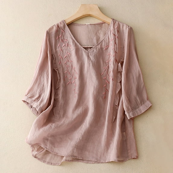 Purple Women Shirts, Women'S Cotton Linen Button Short Sleeve Shirts Summer Loose Crew Neck Casual Boho Top Vintage Embroidered Blouse Tops,Women Shirts M