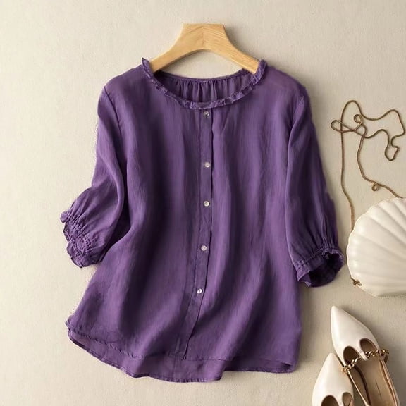 Purple Women Shirts, Women'S Loose Linen Short Sleeve Shirt Retro Style Round Neck Slimming Plus Size,Women Shirts M