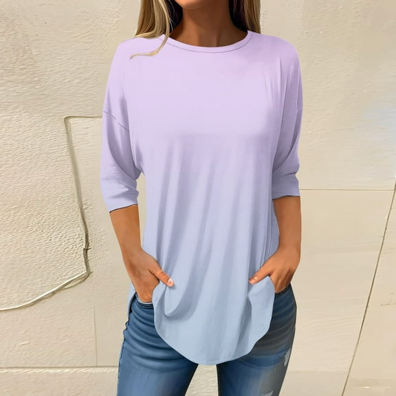 Purple Women's Long Sleeve T-shirt, 3/4 Length Sleeve Womens Tops 2025 Spring Neck Casual Print Tunic T Shirts Three Quarter Length Womens Tops,Women's Long sleeve T-shirt 3XL