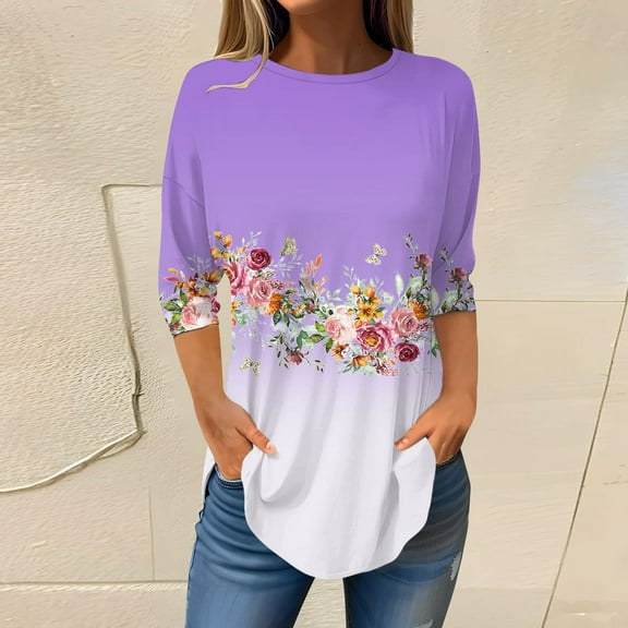 Purple Women's Long Sleeve T-shirt, 3/4 Length Sleeve Womens Tops 2025 Spring Neck Casual Print Tunic T Shirts Three Quarter Length Womens Tops,Women's Long sleeve T-shirt 3XL