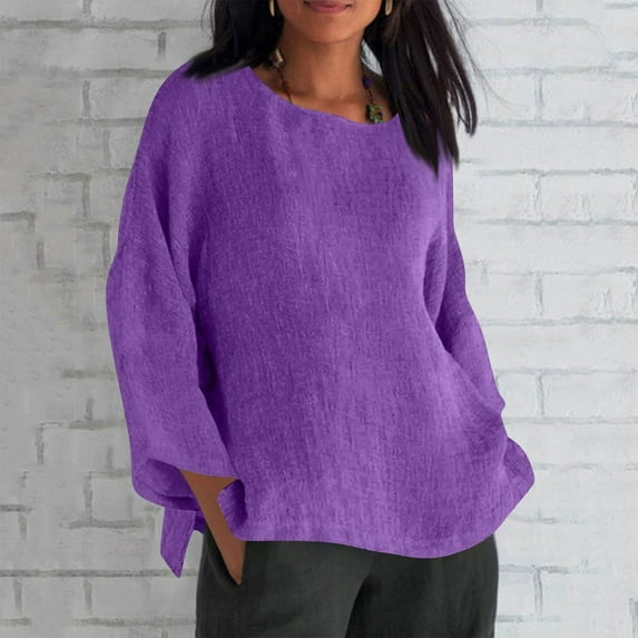 Purple Women's Long Sleeve T-shirt, Linen Shirts For Women 2025 Trendy Long Sleeve Summer Tops Casual Loose Tshirts Basic Tees,Women's Long sleeve T-shirt S