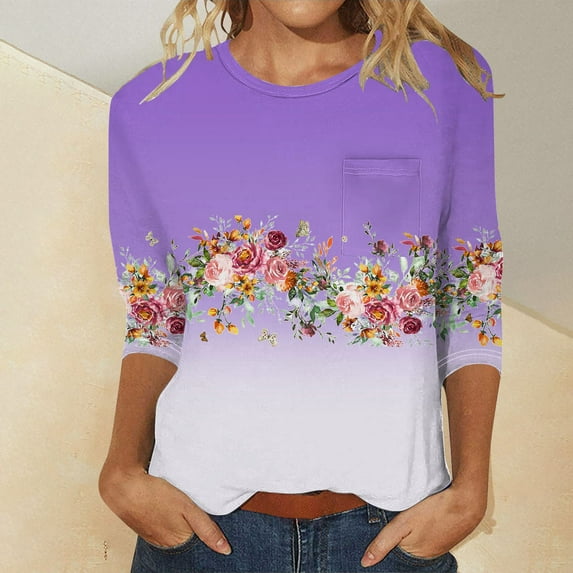 Purple Women's Long Sleeve T-shirt, Women'S 3/4 Length Sleeve T Shirts Casual Round Neck Cute Tunics Tops Basic Loose Fit Tees With Pocket Blouses,Women's Long sleeve T-shirt M