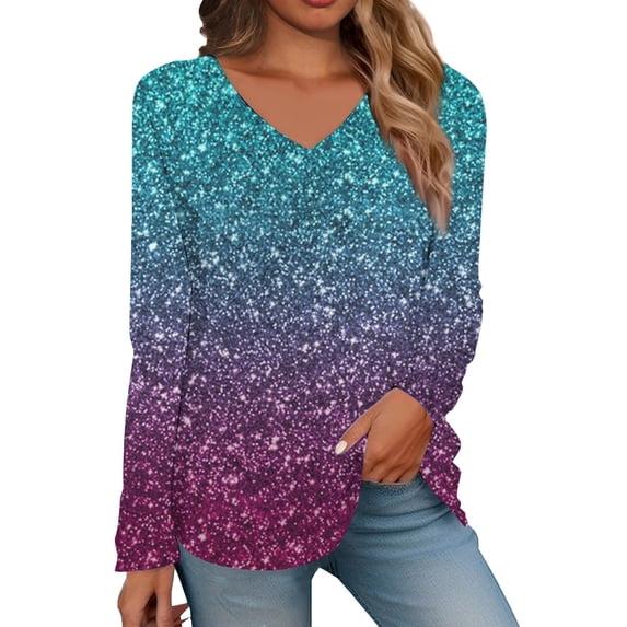 Purple Women's Long Sleeve T-shirt, Women'S Fashionable V Neck Long Sleeved Fine Glitter Gradient Printed V Neck Top T Shirt,Women's Long sleeve T-shirt M