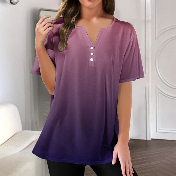 Purple Women's Short Sleeve T-shirt, Women'S Fashion Casual Floral Print Button Down Short Sleeve Top T Shirt,Women's Short sleeve T-shirt S