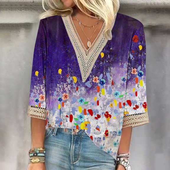 Purple Women's Short Sleeve T-shirt, Women'S V Neck Lace Edge Gradient Print Loose Seven Quarter Sleeve T Shirt,Women's Short sleeve T-shirt XL
