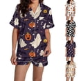 thumbnail image 1 of Purple Women's Skull Print 2 Piece Pajama Set Satin Ghost Pumpkin Print 2026 Matching Lounge Funny Cute Fall Short Sleeve Satin Silk S, 1 of 4