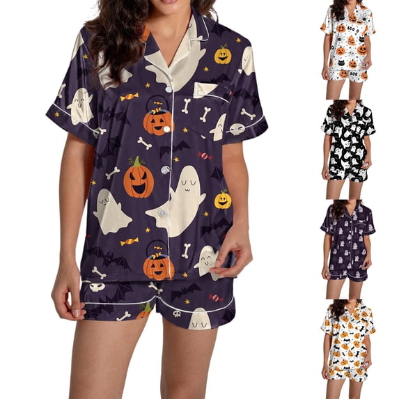 Purple Women's Skull Print 2 Piece Pajama Set Satin Ghost Pumpkin Print 2026 Matching Lounge Funny Cute Fall Short Sleeve Satin Silk S