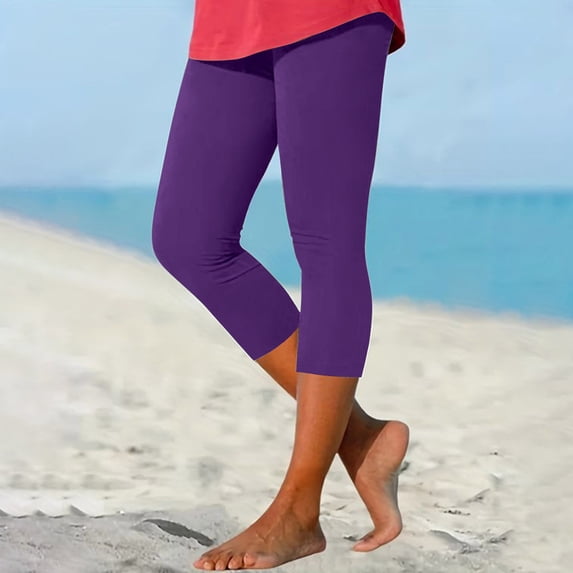 Purple Women's Yoga Pants, Ladies Casual Comfort Printed Stretch High Waist Elastic Cropped Pants Resort Beach Leggings,Women's Yoga Pants S