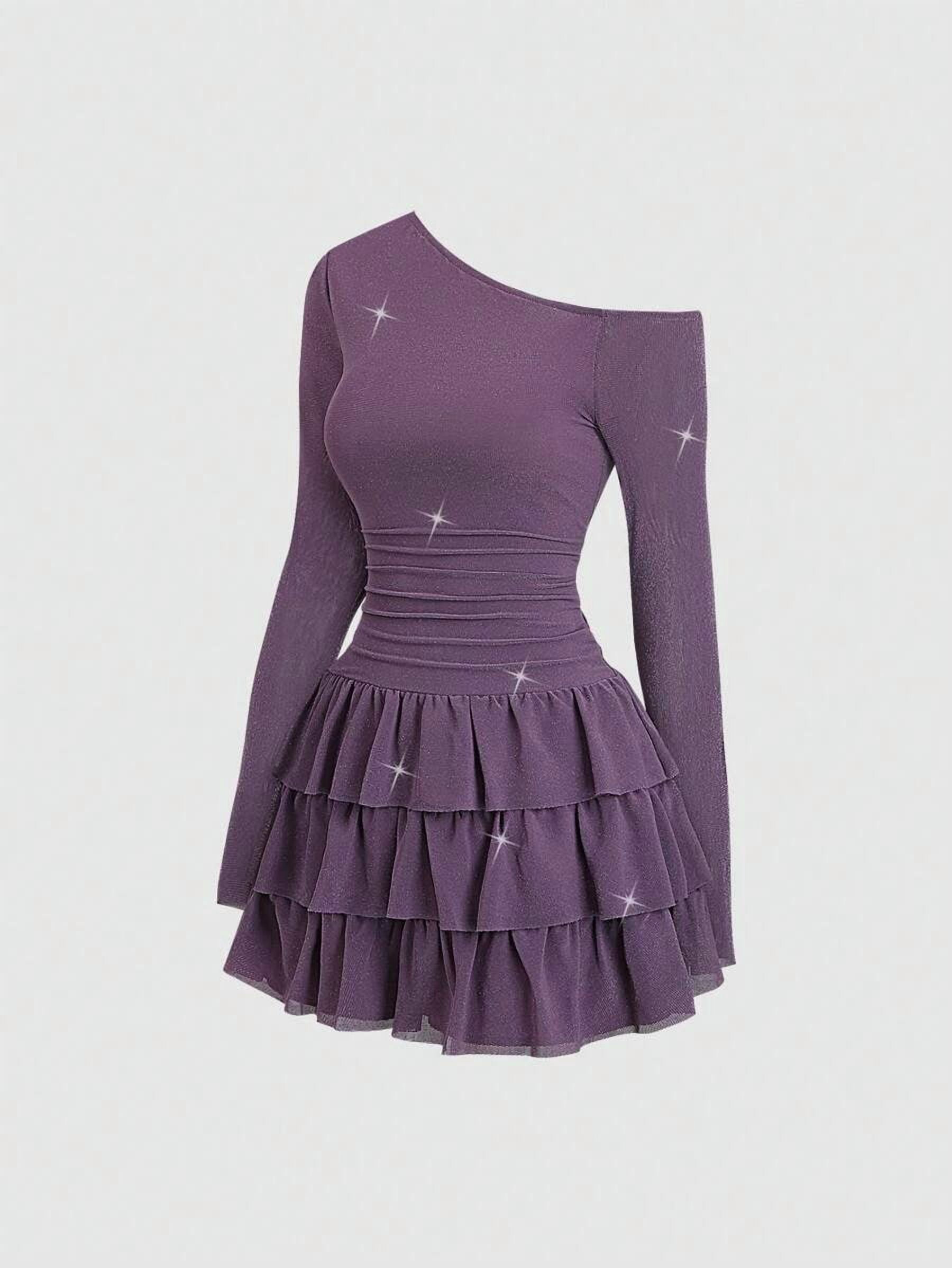 Purple Womens Asymmetric One-Shoulder Glitter Ruffle Hem Long Sleeve Mini Dress