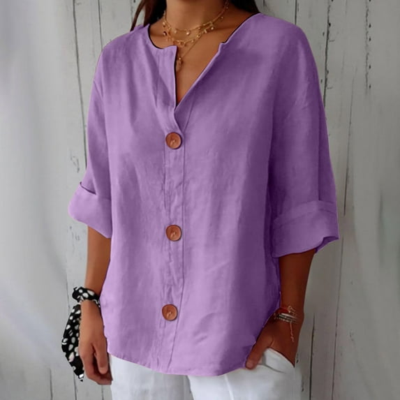 Purple Womens Blouses Linen Shirts for Women Summer Cotton Linen V Neck 3/4 Sleeve Tops Loose Vacation Beach Solid Blouses Tunic Tops Ladies Tops and Blouses