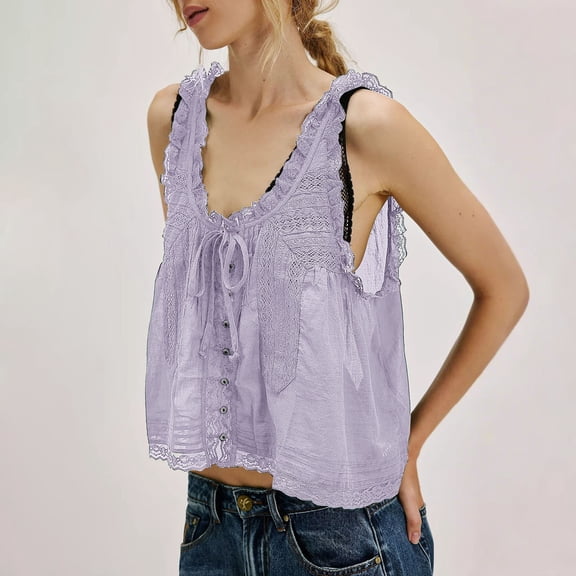 Purple Womens Blouses Women Sleeveless Lace Tank Tops Vacation Front Tie Mesh Chiffon Tops Ladies Tops and Blouses