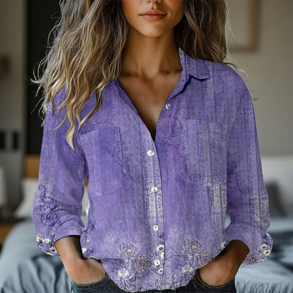 Purple Womens Blouses Women's Long Sleeved Printed Button Down Shirt Ladies Tops and Blouses
