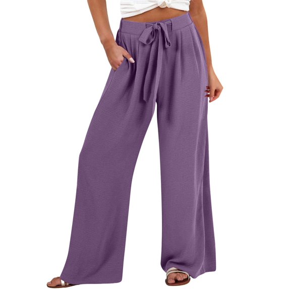 Purple Womens Brunch Pants for Ladies Faux Linen Loose Fit High Waisted Flare Wide Leg Tie Knot Basic Long Bootcut Leg Fall Summer Pants 2026 Clothing 3XL
