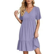Purple Womens Dresses Summer Dress Linen Dresses Casual T Shirt Dress Short Sleeve V Neck Midi Dress Beach Knee Length Plain Shirt Dresses Summer Dresses for Women 2024 Size 3XL