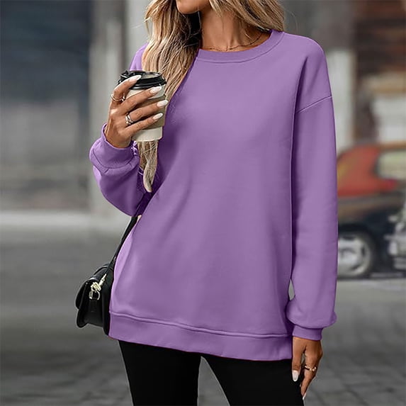 Purple Womens Fall Tops Women's Casual Long Sleeve Crewneck Sweatshirt Soft Comfy Loose Fit Pullover Top for Everyday Wear Black Sweaters for Women