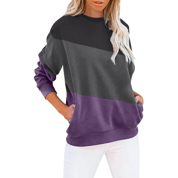 Purple Womens Fall Tops Women's Round Neck Colorblock Sweatshirt Tops Long Sleeves Casual Pullover Cute Lightweight Loose Tops Sweaters for Women