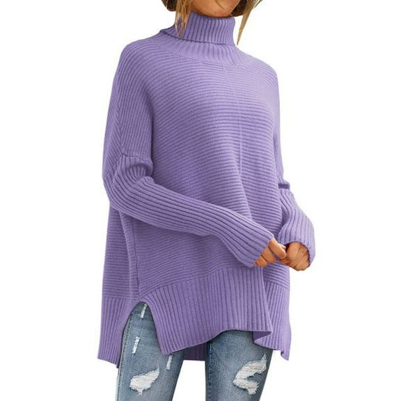 Purple Womens Fall Tops Women's Solid Color Turtleneck Long Sleeved Knitted Comfortable Pullover Sweaters for Women