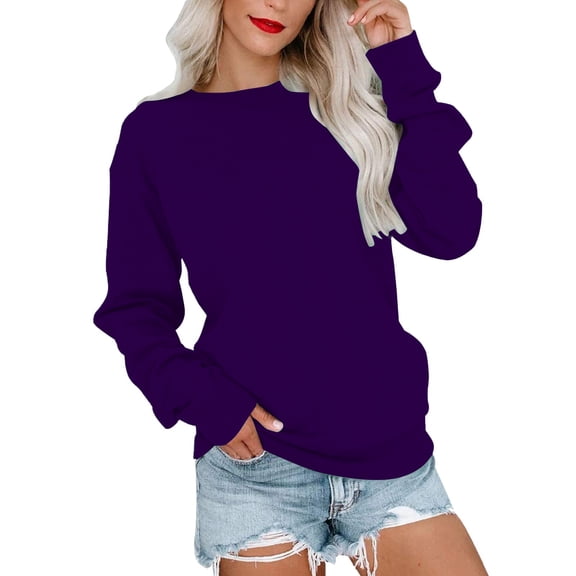 Purple Womens Fall Tops Womens Casual Round Neck Sweatshirt Long Sleeve Top Cute Pullover Loose Version Pullover Sweaters for Women