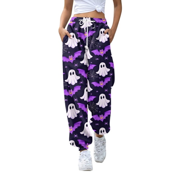Purple Womens Halloween High Waist Baggy Leg Pants Womens Halloween Pajamas Pants Cute Magical Pajama Soft Long Bottoms Women Fall Pjs S