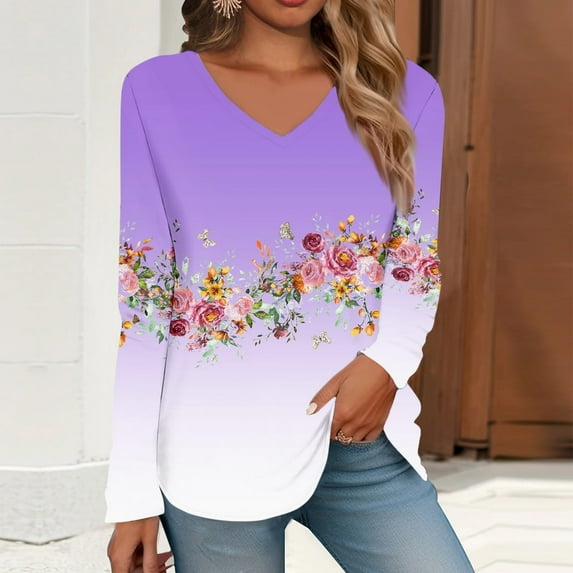 Purple Womens Oversized Tee Shirts, Long Sleeve Office Clothes for Women, Polyester Beach Tshirt, Womens Shirts Summer, Women's Long Sleeved V Neck Floral And Plant Printed Casual Fashion T Shirt Top