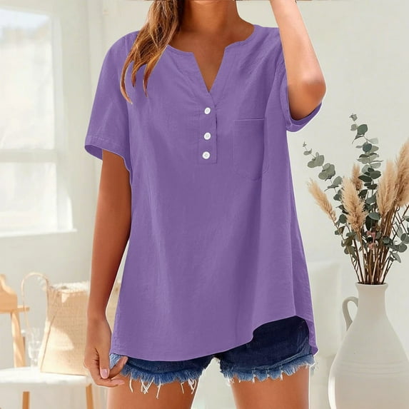 Purple Womens Summer Tops Cotton Linen Shirts For Women Summer Button Down Tops Short Sleeve Casual Blouses Oversized Tshirts 2025 Shirts for Women